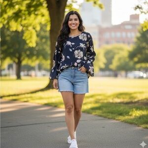 Anthropologie Skies Are Blue Womens Medium Navy Floral Bell Sleeve Boho Top M